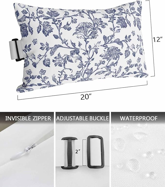 Pack of 2 Outdoor Lumbar Pillow Covers 12x20 Inch, Blue Flower Waterproof Throw Pillow Covers Set, Spring Leaf Vintage Farmhouse Boho Plant Indoor&Outdoor Cushion Cases for Patio Porch Beach