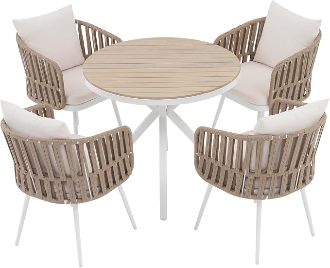 SUNSITT 5 Piece Outdoor Dining Set, Metal Patio Furniture Dining Set with Acacia Wood Top Dining Table and 4 Woven Rope Patio Chairs w/Cushions for Yard, Garden, White