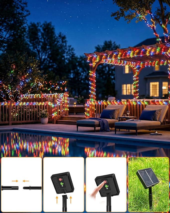 btfarm Solar Rope Lights, 120LED 46FT Solar Trampoline String Lights Outdoor Waterproof, 8 Lighting Modes Solar Powered Strip Light for Outside Garden Tree Christmas Yard Patio Decor, Multicolor