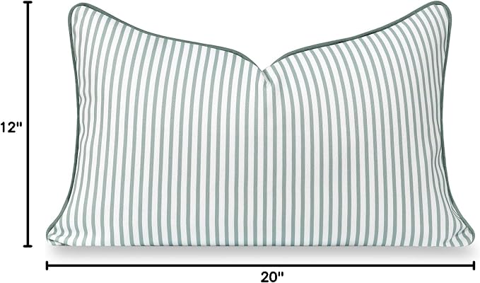 Hofdeco Premium Coastal Grandmillennial Patio Indoor Outdoor Lumbar Pillow Cover Only, 12"x20" Water Repellent for Backyard, Couch, Poolside, Celadon Green Print Stripes
