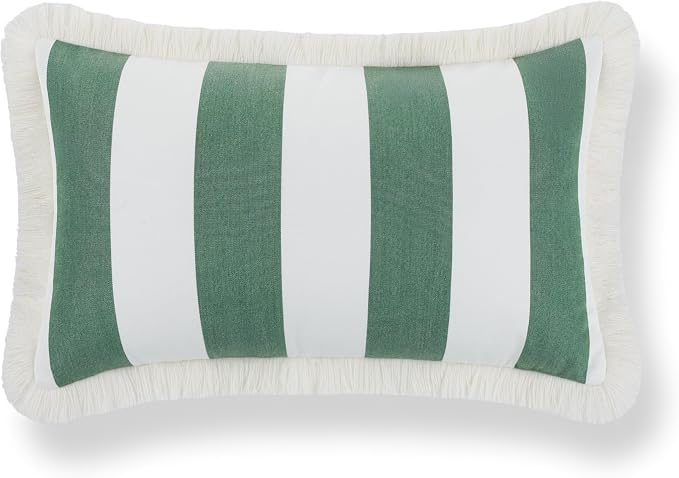 Hofdeco Premium Coastal Hampton Outdoor Performance Lumbar Pillow Cover Only, 12"x20" Water Repellent, UV and Fade Resistant for Backyard, Couch, Poolside, Green Woven Beach Stripes