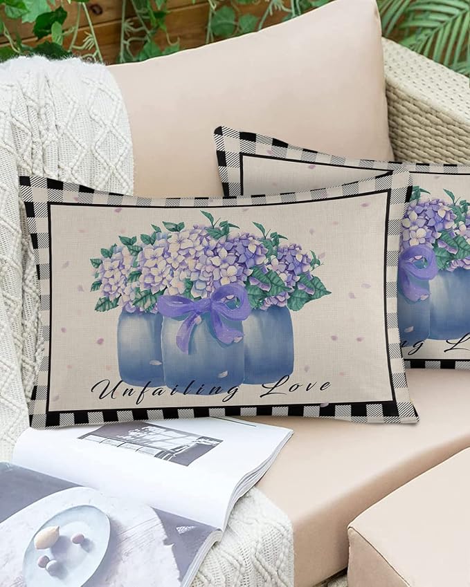 Hydrangea Outdoor Pillow Shams Set of 2, Decorative Pillowcases Cushion Case, Soft Throw Pillow Covers Waterproof Pillow Case 20x12 Inch, Purple Flowers in Jar Black Plaid Unfailing Love