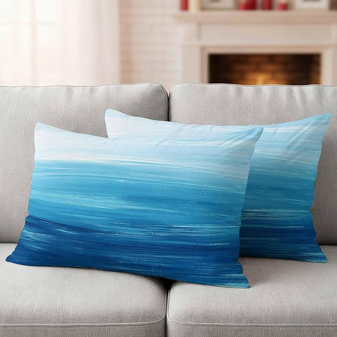 Outdoor Waterproof Throw Pillow Covers, Sky Blue Coastal Decorative Pillow Cases, Nautical Modern Ocean Wave Couch Pillow Protector Patio Sofa Cushion Covers Replacement 20"x12" 2 Pack