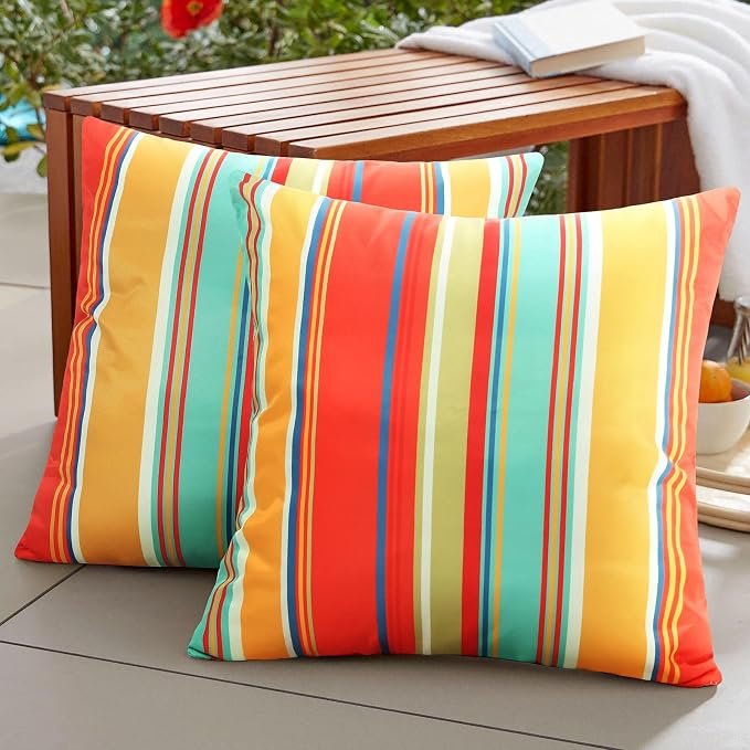 Pyonic Outdoor Pillow Covers Waterproof Throw Pillow Covers Set of 2,Decorative Square Beach Pillowcase Patio Pillows for Porch Furniture Tent Garden Couch,Color Stripe(Red) 20x20Inches