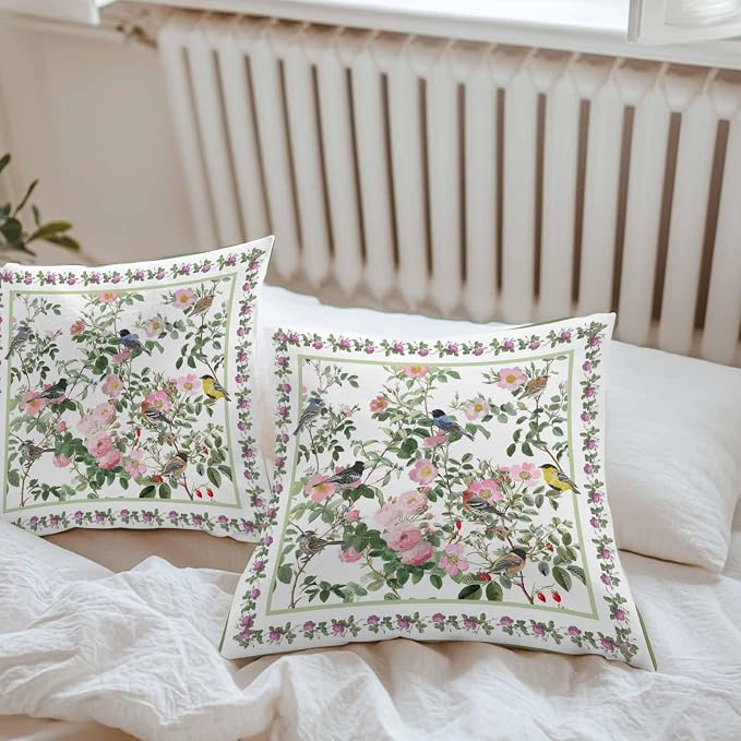 Vandarllin Outdoor Throw Pillows Covers 24x24 inch Set of 2 Waterproof Pink Floral Bird Decorative Zippered Cushion Covers for Patio Furniture, Green Leaves Branches Lumbar Pillowcases