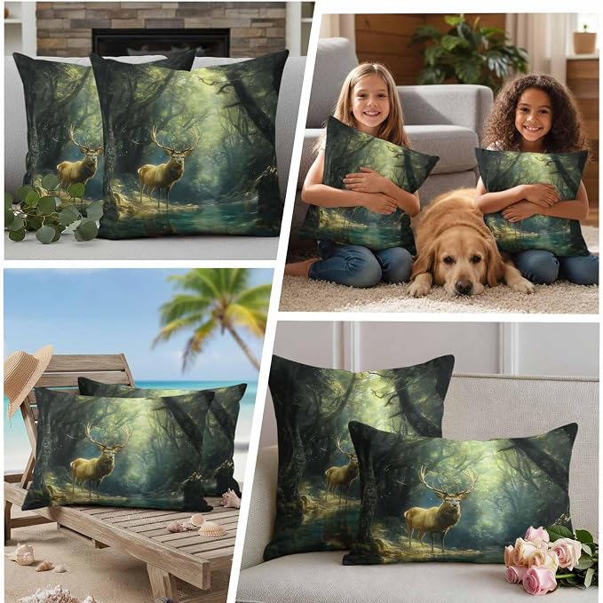 Green Forest Deer Waterproof Outdoor Pillow Covers Set of 2 Home Decor, Fantasy Vintage Nature Scenery Pillowcase Patio Pillow Covers for Couch Bench Furniture Garden 24x24in