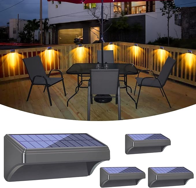 Bridika Solar Fence Lights, Fence Lights Fence Solar Lights Outdoor Waterproof Warm White & Color Glow LED Solar Lights for Backyard, Patio, Deck Railing, Stair Handrail and Wall (4 Packs, Plus Size)