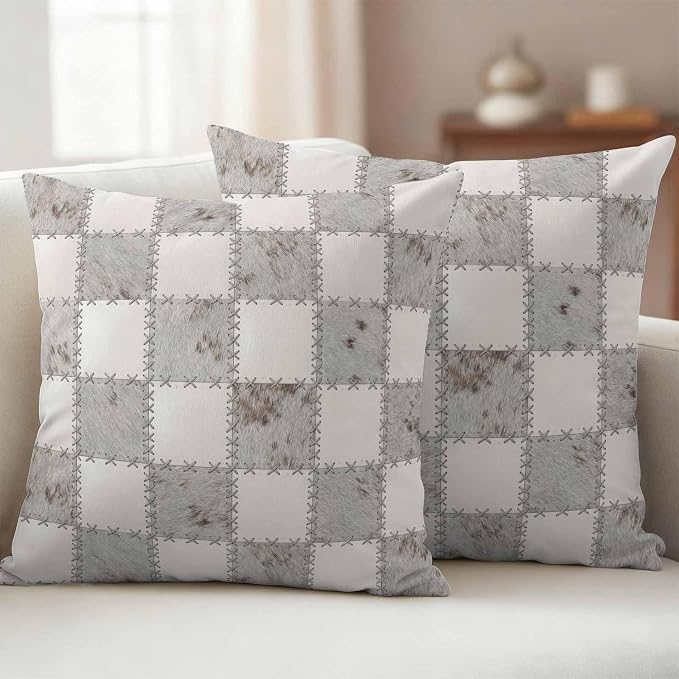 Cream Gray Checkered Outdoor Pillow Covers 20x20 Inch Throw Pillow Covers Set of 2 Waterproof Decorative Pillow Cases Modern Farmhouse Plaid Fur Texture Cushion Covers for Patio Furniture Garden Couch
