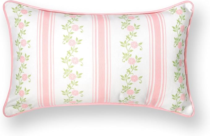 Hofdeco Premium Coastal Patio Indoor Outdoor Lumbar Pillow Cover Only, 12"x20" Water Repellent for Backyard, Couch, Blush Pink Print Stripe Floral