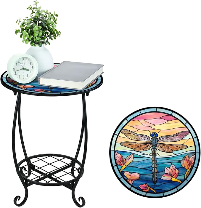 Cinnvoice Outdoor Side Table Round Small Mosaic Patio Accent Indoor End Plant Coffee Tea Table for Yard Patio Porch Garden Living Room, Bedroom(Dragonfly Style,12 Inch)