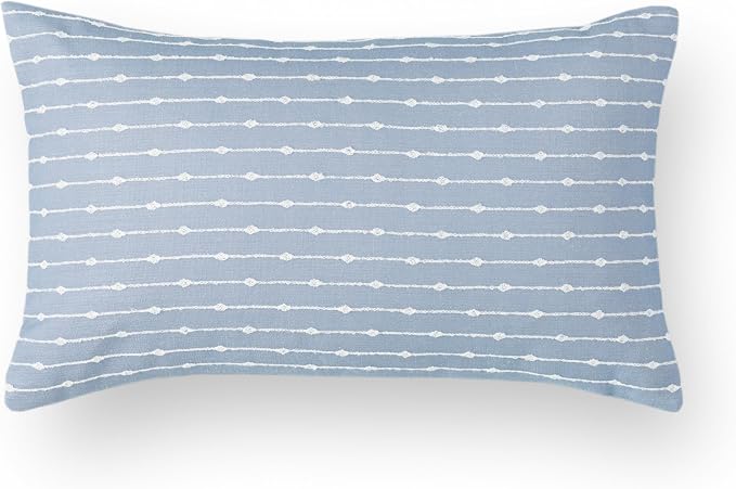 Coastal Linen Indoor Outdoor Lumbar Pillow Cover Only, 12"x20" Water Repellent for Patio, Backyard, Couch, Light Blue Embroidered Stripes