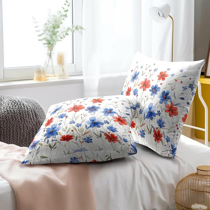 Watercolor Poppy Flowers Pillow Covers 16 x 16 Inches Set of 2,Red Blue Floral Patriotic Independence Day Cotton Linen Pillowcase for Sofa Couch Indoor Outdoor Home Decor