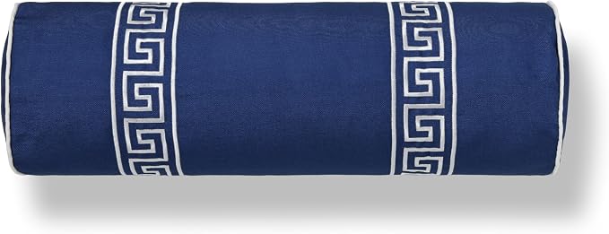 Hofdeco Premium Coastal Hampton Patio Indoor Outdoor Bolster Pillow Cover Only, 8"x24" Water Repellent for Backyard, Couch, Poolside, Navy Blue Embroidered Greek Key