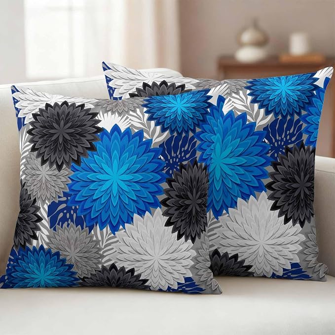 Blue Black Grey Flowers Outdoor Pillow Covers Waterproof, All Weather Cushion Case Set of 2, Boho Colorful Floral Plant Decorative Pillowcases for Sofa Couch Bed Decor Patio Furniture 16"x16"