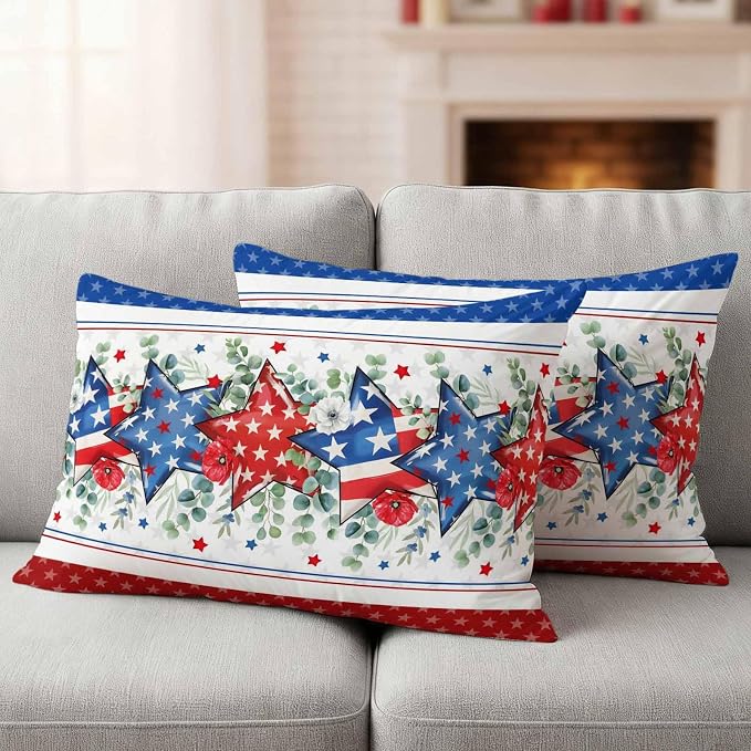 Independence Day Star Outdoor Pillow Covers 20"x12" Set of 2, Waterproof Throw Pillow Covers for Patio Furniture, Farm Red Blue White Star Eucalyptus Leaves Decorative Cushion Covers for Porch