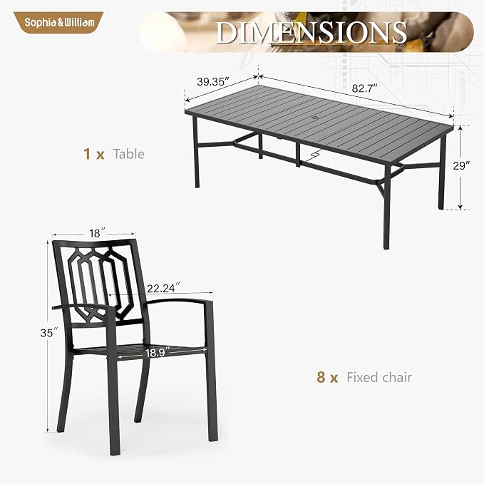 Sophia & William Patio Table and Chairs Set, Outdoor Dining Set for 8, 9 Piece Metal Patio Furniture, 82.7" Black Rectangular Table(Geometry)