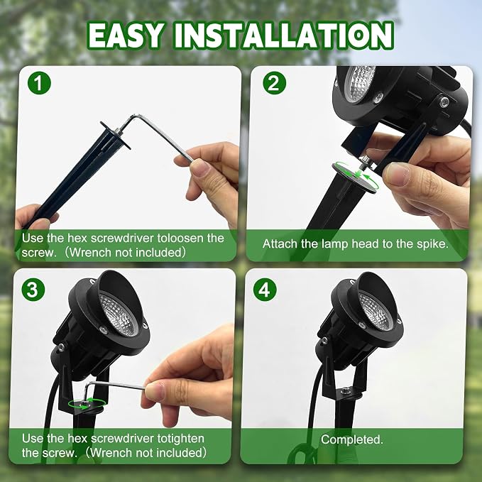 Romwish 12W LED Landscape Spotlights, 120V Plug-in Outdoor Lighting, 4 Pack | 1200LM Brightness with 3000K Warm White, IP65 Waterproof, Adjustable 270° Head & 60° Beam for Tree, Garden, Pathway and Yard
