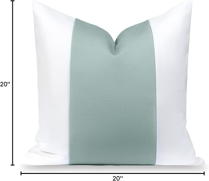 Hofdeco Premium Coastal Grandmillennial Patio Indoor Outdoor Throw Pillow Cover Only, 20"x20" Water Repellent for Backyard, Couch, Poolside, Celadon Green Print Color Block