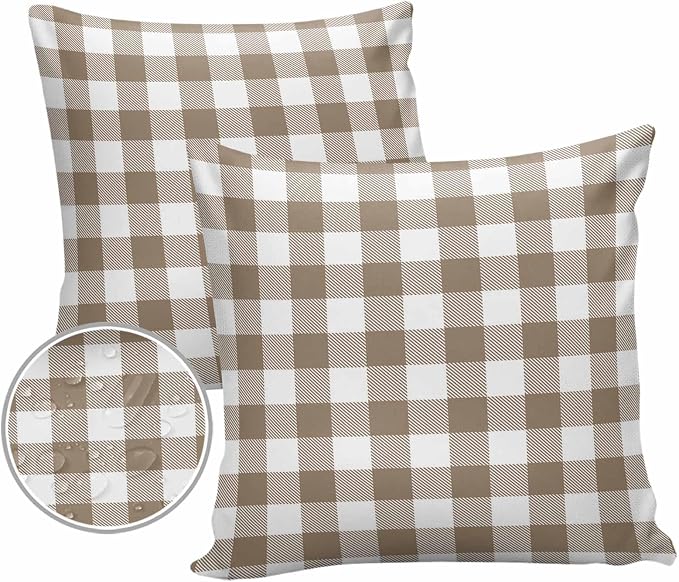 Outdoor Waterproof Throw Pillow Covers Set of 2 Light Brown Buffalo Check Plaid Pillowcases 26x26 Inches Farmhouse Style Patio Decorative Pillows Cushion Case Patio Pillows for Couch Bed Chair Garden