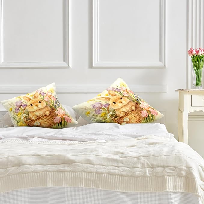 Easter Throw Pillow Covers Watercolor Lovely Bunny Pillow Covers 18x18 Spring Rabbit with Iris Daisy Floral Pillow Cases Happy Easter Farmhouse Cushion Cases for Home Sofa 2 Pack