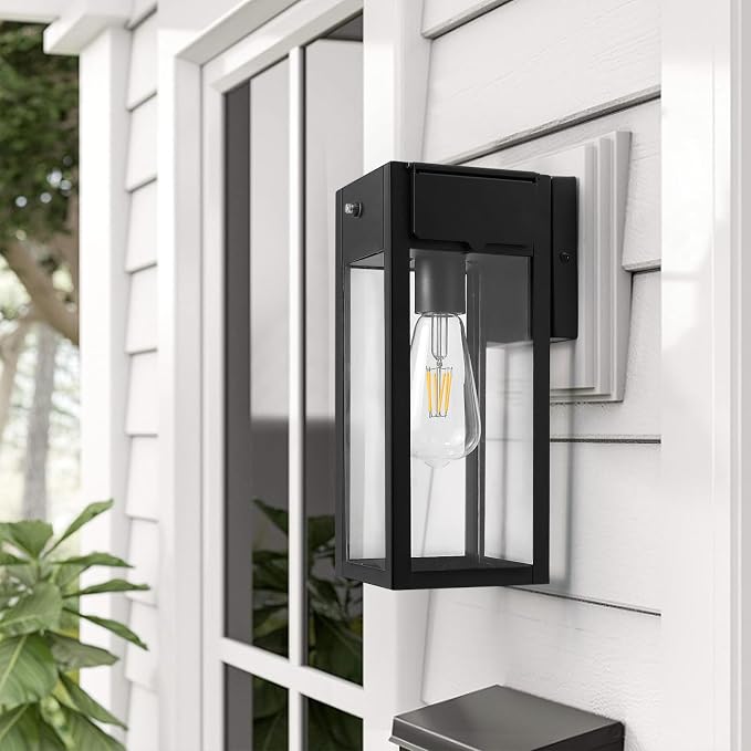 Dusk to Dawn Outdoor Light Fixtures Wall Mount, Outdoor Porch Lights with GFCI Outlet, Dusk to Dawn Outdoor Lighting for Doorway, Garage- Black, 1 Pack