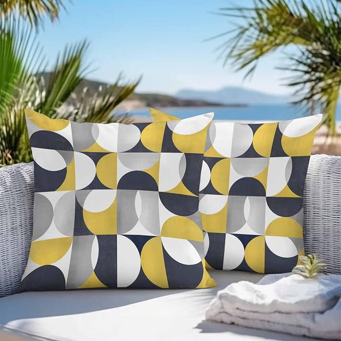 Vandarllin Outdoor Throw Pillows Covers 24x24 inch Set of 2 Waterproof Mid Century Geometric Decorative Zippered Cushion Covers for Patio Furniture, Abstract Modern Yellow Lumbar Pillowcases