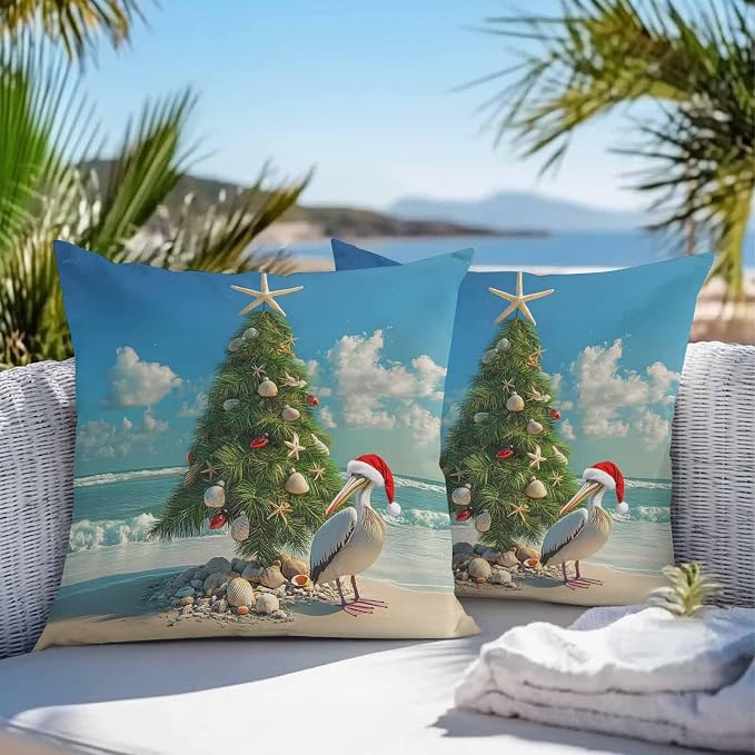 Christmas Outdoor Throw Pillows Covers 18x18 inch Set of 2 Waterproof Christmas Tree Decorative Zippered Cushion Covers for Patio Furniture, Pelican Starfish Shell Beach Wave Lumbar Pillowcases