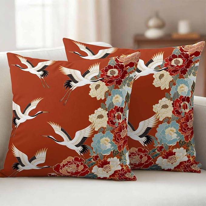 Japanese Style Outdoor Pillow Covers 16x16 Inch Throw Pillow Covers Set of 2 Waterproof Decorative Pillow Cases Red Farmhouse Botanical Peony Birds Cushion Covers for Patio Furniture Garden Couch Sofa