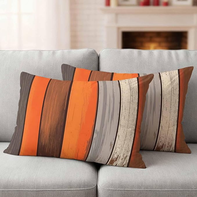 JasmineM Outdoor Pillow Cover 12x20 Inches Set of 2 Orange Brown Gray Striped Waterproof Throw Pillow Covers Retro Wood Grain Decorative Pillowcases Garden Cushion Case for Patio Couch Sofa