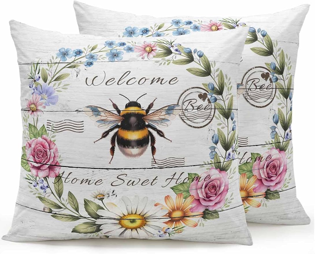Outdoor Waterproof Throw Pillows Rustic Bee Flower Wreath Patio Pillows Pack of 2,Decorative Pillow Covers with Insert,Pillow Cushion Case for Garden Couch Sofa Farmhouse White Wood Board