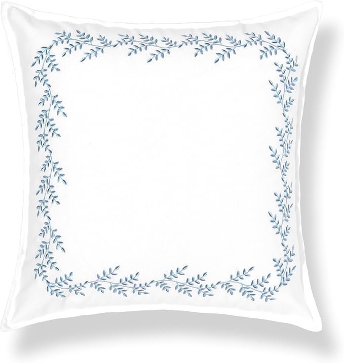 Hofdeco Premium Grandmillennial Coastal Hampton Patio Indoor Outdoor Throw Pillow Cover Only, 20"x20" Water Repellent for Backyard, Couch, Poolside, Baby Blue Embroidered Leaves Frame