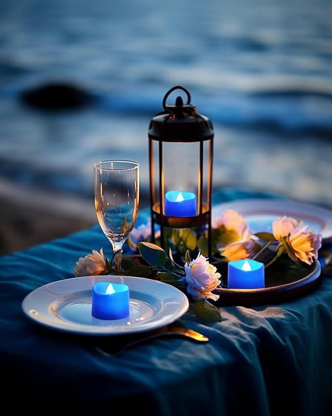 Homemory Blue Tea Lights Candles Battery Operated, 200+Hour Flameless Flickering Fake Electric LED Colored Tealights Candles for Wedding Table Decor, Theme Party, Aniversary, Proposal, 12-Pack