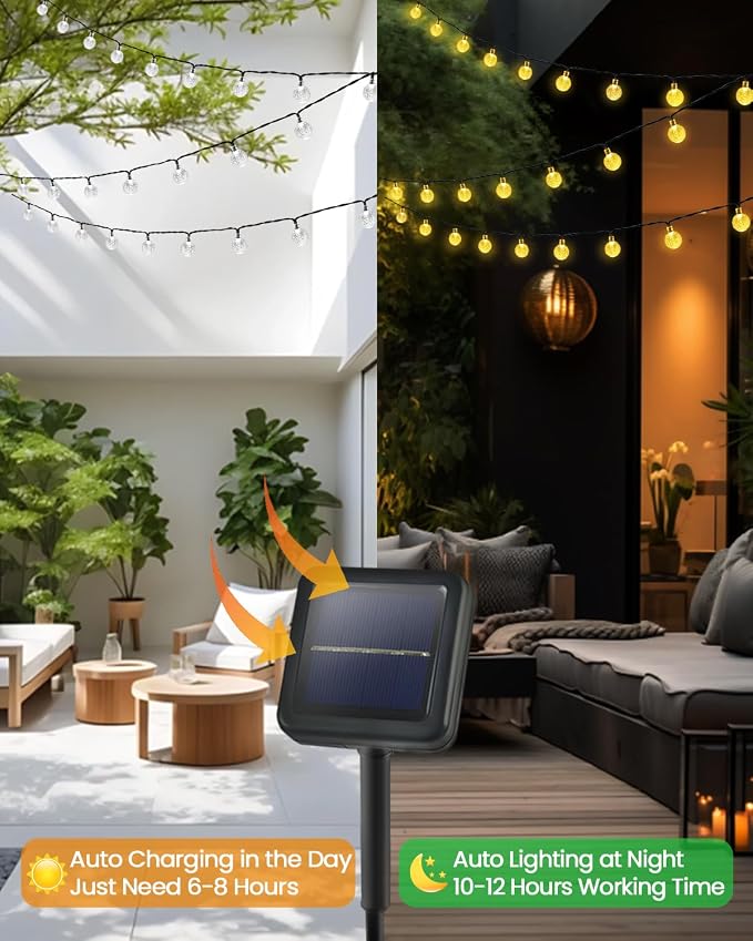 LORRYTE 2 Pack 64FT 100 LED Globe Solar String Lights Outdoor, Warm White | Crystal Globe Patio Lights, IP65 Waterproof, Auto On/Off, 8 Modes Solar Powered Light for Garden Yard Wedding Porch Party
