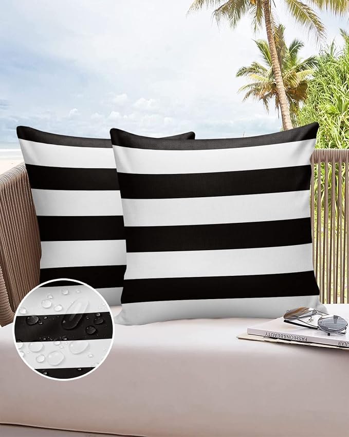 JasmineM Outdoor Pillow Covers 26x26 Waterproof Polyester Throw Pillow Covers, Black White Stripes Decorative Pillowcases Garden Cushion Case for Patio Couch Sofa Decoration Set of 2, Geometric