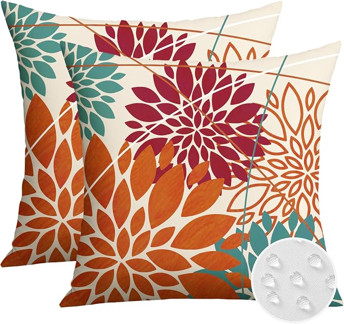 OTOSTAR Outdoor Orange Red Pillow Covers 20x20 Inch Set of 2 Cyan Flower Throw Pillows Farmhouse Geometric Dahlia Floral Square Cushion Case Waterproof Decor for Sofa Patio Funiture Garden