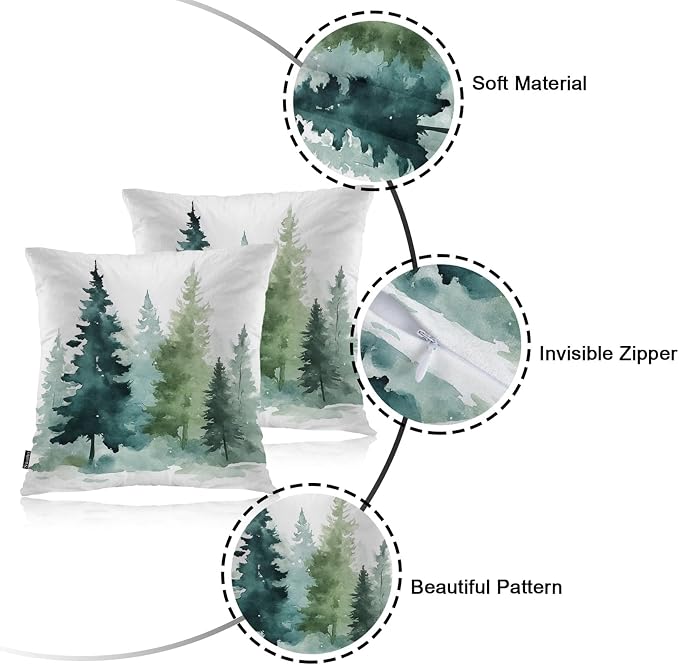 Swono 18"X18" Throw Pillow Covers Fir Trees, Watercolor Christmas Pine Fir Forest Boho Pillowcase Cushion Covers for Couch Bed, Green Square Decorative Pillow Cover Home Sofa Bedroom Car, 2 Pcs