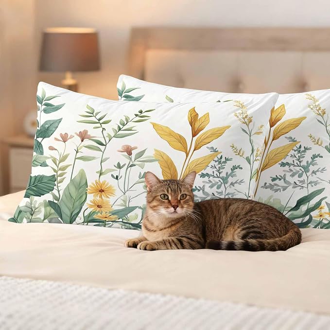 Outdoor Pillow Covers 20x12 Set of 2, Yellow Green Botanical Waterproof Patio Throw Pillow Covers for Couch Sofa Chair, Rustic Watercolor Leaves Decorative Pillowcases for Throw Pillows