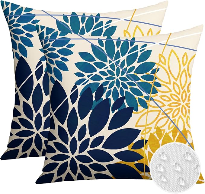 OTOSTAR Outdoor Dark Blue Cyan Yellow Pillow Covers 18x18 Inch Set of 2 Flower Throw Pillows Farmhouse Geometric Dahlia Floral Square Cushion Case Waterproof Decor for Sofa Patio Funiture Garden