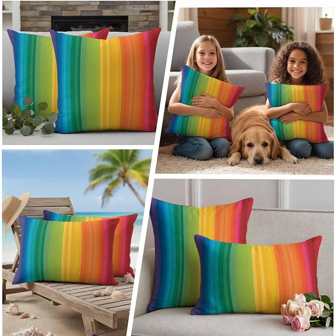 Colorful Stripes Rainbow Outdoor Pillow Covers 18x18in Pack of 2 Waterproof Pillowcase Watercolor Line Minimalist Geometric Decorative Throw Cushion Case for Patio Couch Sofa