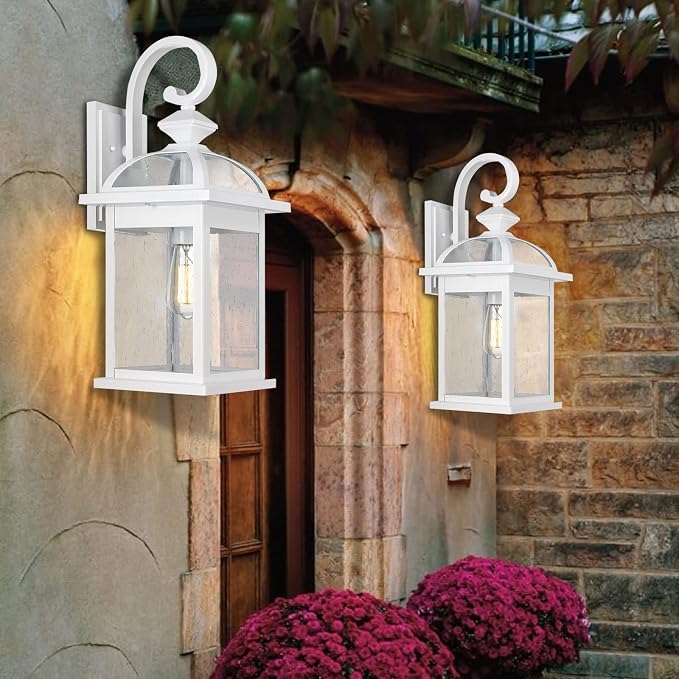 Darkaway Outdoor Lights Fixtures Wall Mount, Large 22inch Outdoor Wall Sconce Lights with Seeded Glass Waterproof Outside Exterior Lights Fixture for House Front Porch Patio (Large, White)