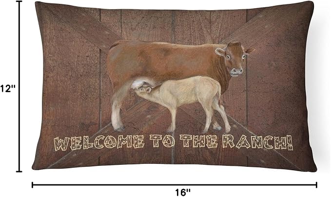 Caroline's Treasures SB3084PW1216 Welcome to the Ranch with the Cow and Baby Canvas Fabric Decorative Pillow 100% Machine Washable Pillow, Indoor or Outdoor Decorative Throw Pillow for Couch, Bed or P