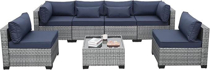 Valita 7 Pieces Outdoor Wicker Furniture Conversation Set Patio Sectional Sofa Set Glass Table with Non-Slip Cushions Furniture Cover, Dark Blue