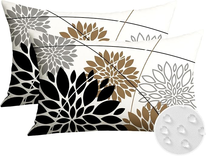 OTOSTAR Outdoor Black Brown Pillow Covers 12x20 Inch Set of 2 Light Brown Flower Throw Pillows Farmhouse Geometric Dahlia Floral Lumbar Cushion Case Waterproof Decor for Sofa Patio Funiture Garden