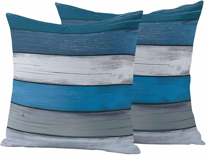 Coastal Style Outdoor Waterproof Throw Pillow Covers Set of 2, 20"x20", Retro Blue Grey Stripes Wood Texture Decorative Pillow Covers Outside Cushion Case for Patio Porch Garden