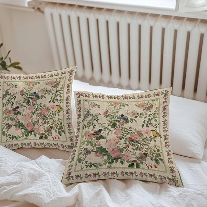 Vandarllin Outdoor Throw Pillows Covers 20x20 inch Set of 2 Waterproof Pink Floral Bird Decorative Zippered Cushion Covers for Patio Furniture, Green Leaves Branches Linen Lumbar Pillowcases