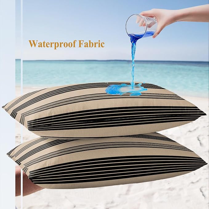 JasmineM Outdoor Pillow Cover Set of 2 Rustic Black Brown Stripes Waterproof Throw Pillow Covers Classic Parallel Lines Decorative Pillowcases Garden Cushion Case for Patio Couch Sofa 12x20 Inch
