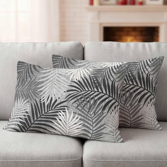 Outdoor Waterproof Throw Pillow Covers, Grey Palm Leaves Decorative Pillow Cases, Summer Botanical Tropical Leaf Couch Pillow Protector Patio Sofa Cushion Covers Replacement 20"x12" 2 Pack