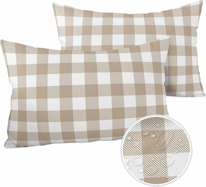 Outdoor Waterproof Throw Pillow Covers Set of 2 Khaki Buffalo Check Plaid Lumbar Pillowcases 20x12 Inches Farmhouse Style Patio Decorative Pillows Cushion Case Patio Pillows for Couch Bed Chair Garden