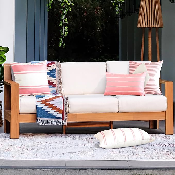 OTOSTAR Outdoor Waterproof Decorative Throw Pillow Covers 20x20 Inch Geometry Pillow Cases Square Cushion Case Garden Pillow Covers Pillows Shell for Patio Furniture Couch Tent Balcony Set of 4 (Pink)