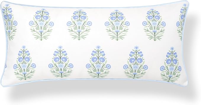Hofdeco Premium Coastal Grandmillennial Patio Indoor Outdoor Lumbar Pillow Cover Only, 12"x26" Water Repellent for Backyard, Couch, Poolside, Baby Blue Print Flower
